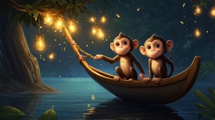 Two Monkeys Boating on Calm Lake Under String Lights at Night