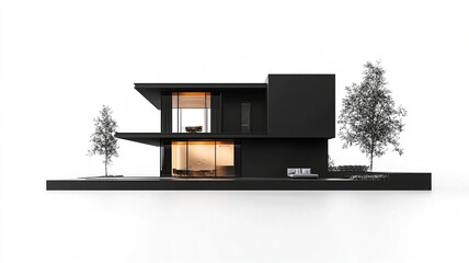 Modern black and white mansion with asymmetrical design and trees