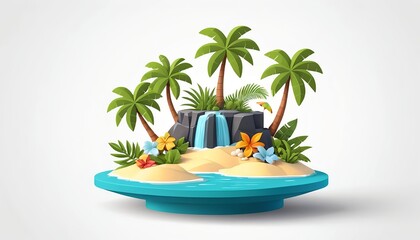 Obraz premium Tropical Island Paradise 3D Render of Idyllic Island with Waterfall