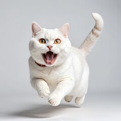 Fototapeta premium White Cat in Mid-Air Leap