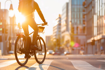 Close-Up of a Cyclist Commuting in the City at Sunrise
