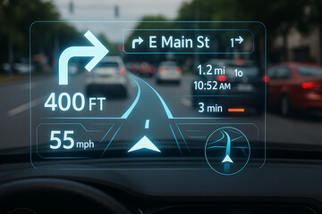 Futuristic augmented reality navigation system projected on car windshield with driving directions speed traffic data and heads up display interface for smart vehicle guidance on city roads
