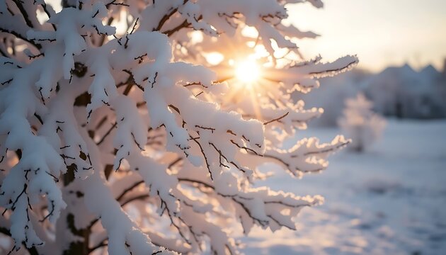 A mesmerizing winter sunrise scene featuring a snow-covered tree branch, backlit by the golden sun's rays, creating a magical winter wonderland.