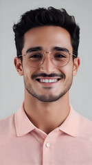 Obraz premium Photo Of A Smiling Young Man Wearing Glasses And Pink Shirt In Studio Shot