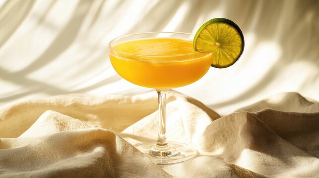 Elegant mango daiquiri in a matte crystal coupe glass on soft linen with golden daylight glow