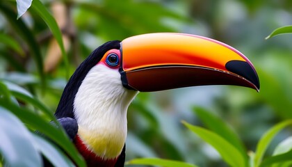 Naklejka premium Close-up portrait of a vibrant Toco Toucan perched amidst lush green foliage, showcasing its iconic large colorful beak and striking plumage.