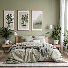 Serene Green Bedroom Interior with Plants and Natural Light