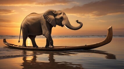Naklejka premium Elephant Standing in Boat During Sunset at the Beach Waterscape