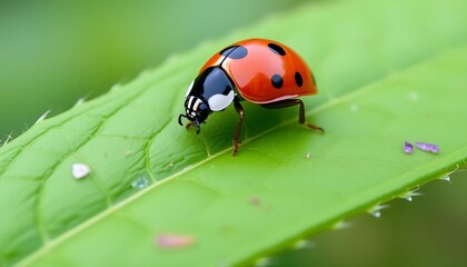 Naklejka premium Close-up of a vibrant ladybug on a bright green leaf, showcasing intricate details of its shell and legs.