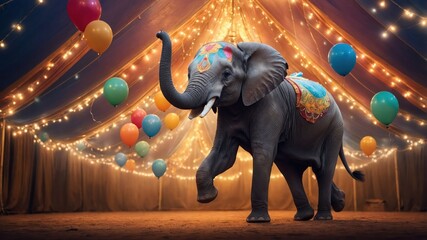 Elephant Walking Under Tent with Lights and Balloons Decoration