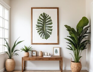 Modern Minimalist Home Interior with Tropical Plants and Artwork