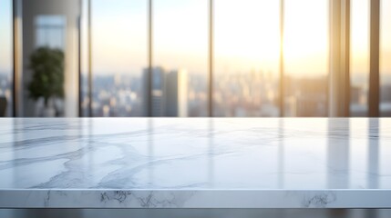 marble countertop with a blurred background of a luxury penthouse