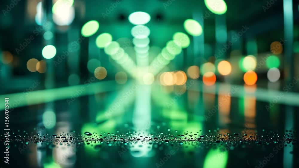 Wall mural abstract blurred green lights with bokeh effect on wet surface