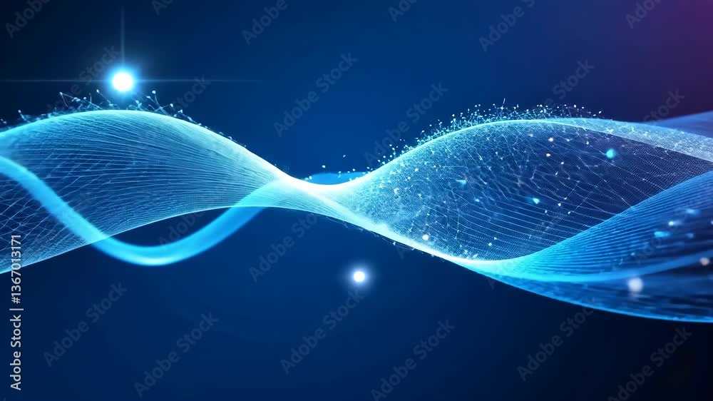 Wall mural abstract blue wave with shimmering particles and connected dots on deep blue background for technolo