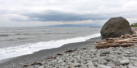 Boulder and Logs on Rocky Beach Under Cloudy Sky Landscape View of the Pacific Coastline Waterscape