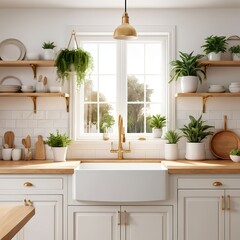 Bright and Airy Modern Kitchen Interior with Gold Accents and Greenery