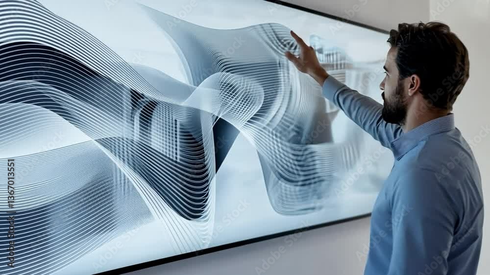 Poster interactive tech: a man gestures towards an abstract digital display on a large screen, exploring in