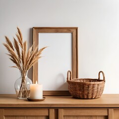Fototapeta premium Modern Minimalist Home Decor with Wooden Frame, Pampas Grass, and Wicker Basket