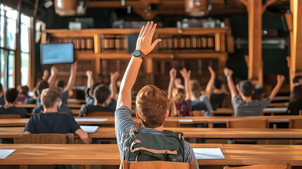 Students Raise Hands In Classroom Photo showing Wooden Tables And Natural Lighting