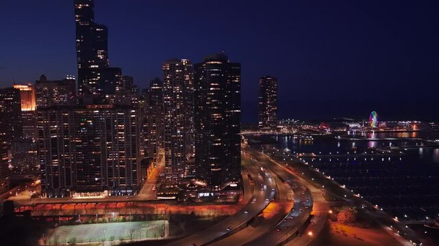Drone footage of Chicago Bridge at Night