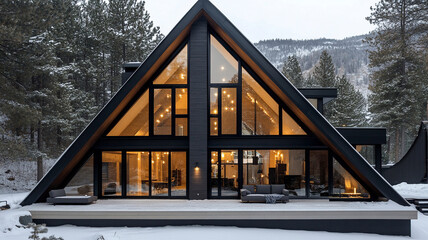Fototapeta premium frame house with large windows in snowy forest setting