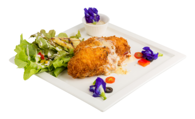 Stuffed roll of chicken with cheese and sage isolated on a transparent background.