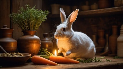 White Rabbit Sitting Near Carrot Candle in Rustic Kitchen Scene