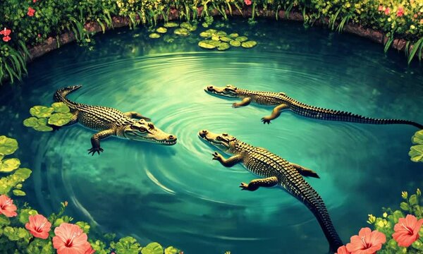 crocodile in the pond. Three crocodiles in a pond.