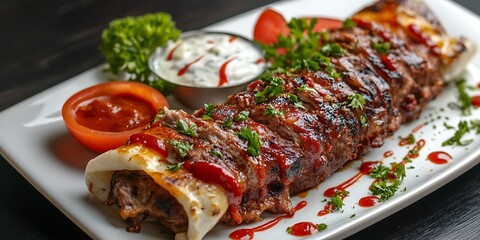 a plate of food on a black surface
