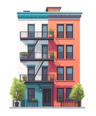 Obraz premium colorful apartment building with fire escapes and greenery