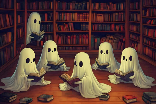 Whimsical Illustration of Ghosts Reading Books in a Cozy Library Setting