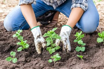 Fototapeta premium Woman in Gloves Planting Seedlings in Dark Soil Photo Illustration