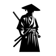 Obraz premium Isolated black and white vector illustration of a wandering samurai villager on a white background.