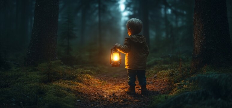 Boy ventures into the twilight forest with a lantern, revealing a path shrouded in mist