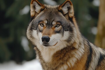 Obraz premium Majestic grey wolf close-up portrait in winter forest.