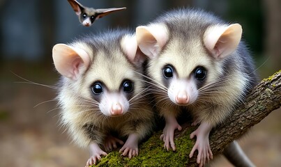Fototapeta premium Close Encounter Adorable Possums Two Young Ones on Branch With Bat Flying Over Cute Mammals