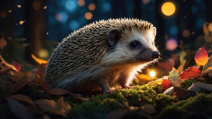 Fototapeta premium Hedgehog foraging among fallen leaves in warm backlight forest scene
