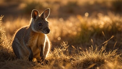 Naklejka premium Wallaby Sitting in Golden Grass at Sunset Wildlife Scene