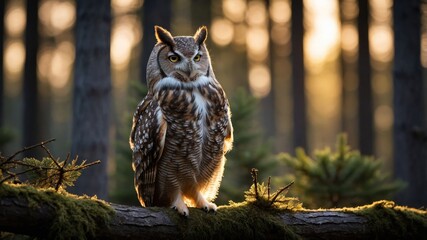 Owl Perched on Mossy Branch in Forest with Sunlight Background
