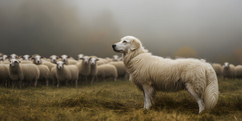 Obraz premium Majestic Guardian: A White Sheepdog Amidst a Flock