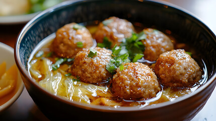 Large Pork Meatballs in Broth with Fresh Herbs and Vegetables Served in a Bowl