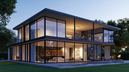 Fototapeta premium Modern glass house with full height windows surrounded by trees