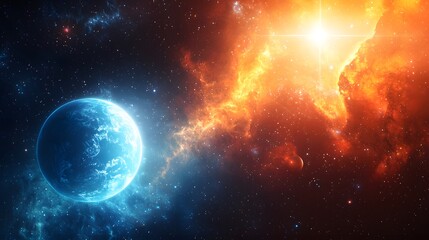 Obraz premium Cosmic exploration vibrant nebula and blue planet in digital art