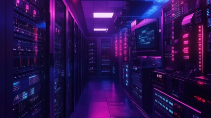 Fototapeta premium Neon-Lit Server Room: A Futuristic Data Center