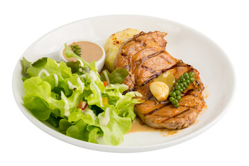Black pepper pork steak, Roasted pork steak isolated on a transparent background.