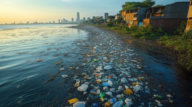 Polluted river with plastic waste and debris, as a community unites for cleanup efforts