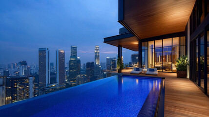 Naklejka premium Luxurious rooftop residence with infinity pool and city skyline view