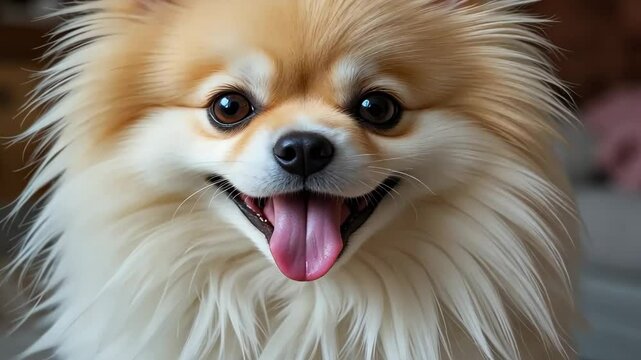 Close-Up Portrait Of Fluffy Pomeranian Dog Smiling Showing Tongue With Brown Eyes