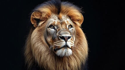 Fototapeta premium Majestic lion portrait gazing upwards with powerful mane and intense eyes