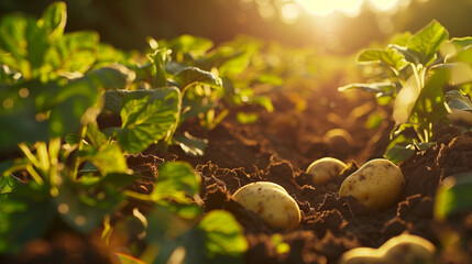 Freshly harvested potatoes in a lush green field at sunrise, rich soil texture